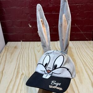 Six Flags Bugs Bunny Plush Ear Youth Baseball Hat Gray Black Looney Tunes Cap